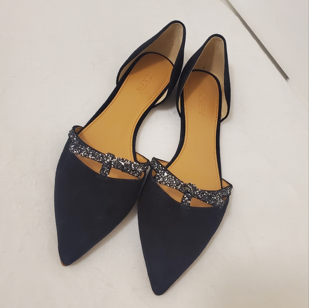 EUC J. CREW Black Suede with Silver Glitter Bow Accent Size 10M